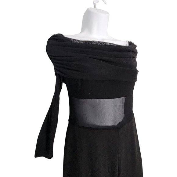Lulus Sultry Statement Black Mesh Ruched Off-The-Shoulder Jumpsuit Medium - Picture 4 of 8